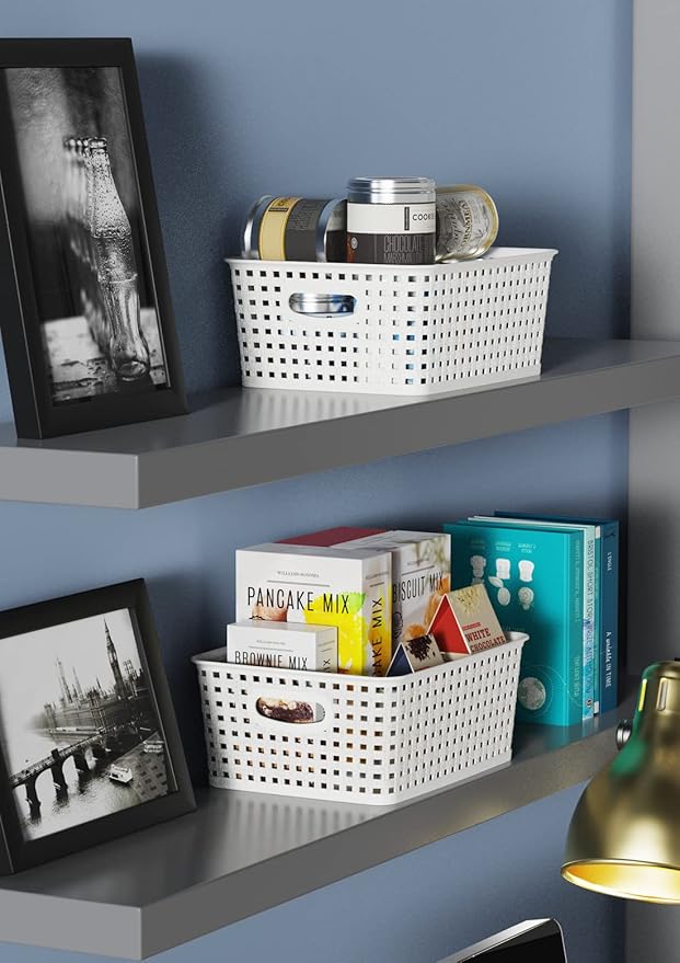 WYT 12-Pack Plastic Small Shelf Storage Weave Baskets for Organizing, White