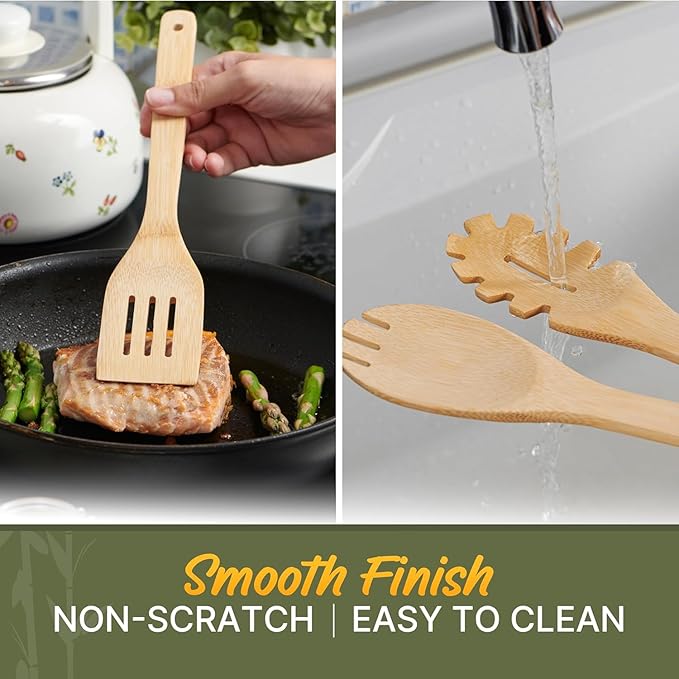 Wooden Utensil Set, Bamboo Utensils – 7 PCs Wood Spoons for Cooking, Easy to Clean, Sturdy, Lightweight & Heat Resistant