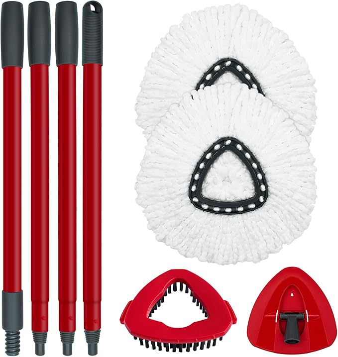 Spin Mop Replace Head, Base, Mop Handle Replacement for OCedar EasyWring 1 Tank System, Include 2 Microfiber Mop Head Replacement, 1 Sturdy Iron 30-58" Mop Handle, 1 Scrubber Head, 1 Spin Base