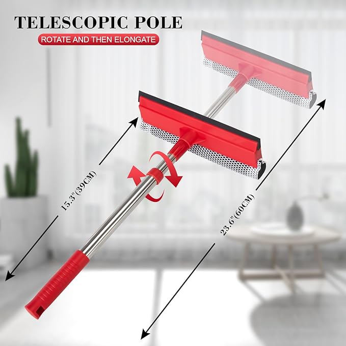 Window Squeegee with 15.7"-27.5" Retractable Stainless Steel Handle, 2-in-1 Windshield Cleaner Tool for Cars, Trucks, Glass Doors, Shower Glass
