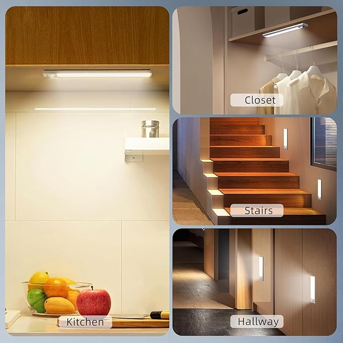 Under Cabinet Lighting Wireless, 2 Pack Under Cabinet Lights, Rechargeable Motion Sensor Light Indoor, 3 Color Temps, 5 Levels Dimmable Magnetic Closet Lights, Under Counter Lights for Kitchen, Stairs