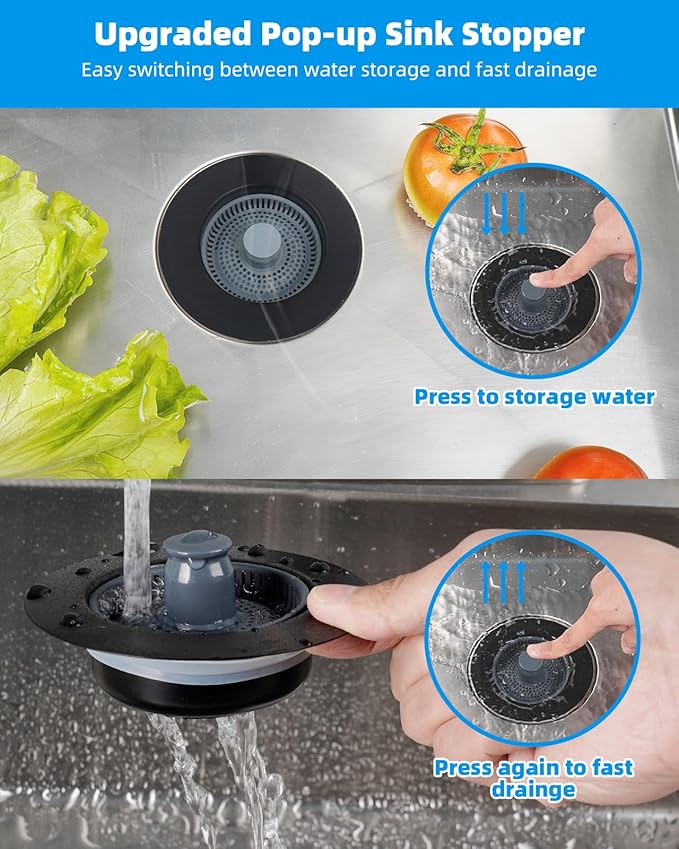 Hibbent 2 Pack 3 in 1 Kitchen Sink Drain Strainer and Stopper Combo, Stainless Steel Metal Pop Up Sink Stopper, Anti-Clogging Basket Strainer with Handle for US Standard 3-1/2 Inch Drain, Black