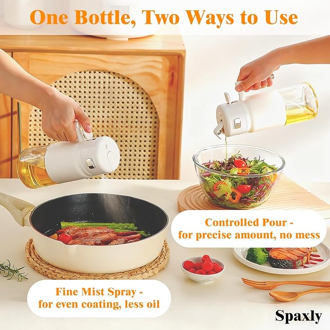 2-in-1 Glass Oil Sprayer & Dispenser Bottle, 700ml Kitchen Oil Mister with Non-Drip Spout & Lock Switch for Olive Oil, Cooking Spray, Baking, Salad Dressing