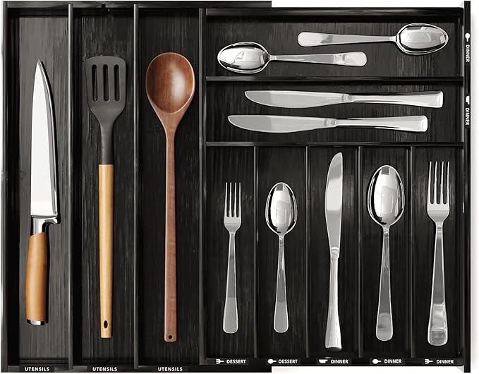 SpaceAid Bamboo Silverware Drawer Organizer with Labels, Kitchen Utensil Expandable Tray Holder Organizer for Flatware, Cutlery, Spoon and Knives Drawer Storage Organization (Black, 10 Slots)