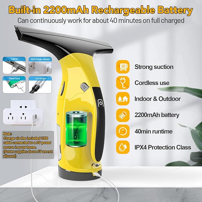 Rechargeable Window Vac, Electric Window Vacuum Squeegee, with 11 in. and 6.7 in. Squeegee Blades
