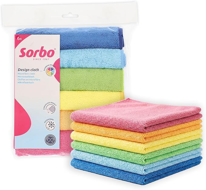 Sorbo Pack of 6 Microfibre Cleaning Cloths, Multipurpose Cleaning Towels, Streak-Free, Super Absorbent and Washable Cloth Duster Suitable for Car Cleaning, House, Kitchen, Windows, 40 x 40 cm