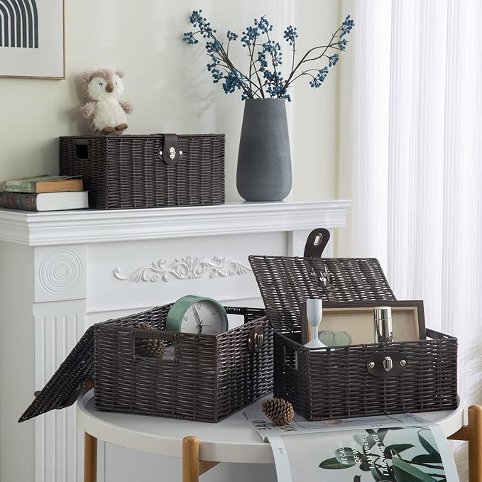 Set of 3 Woven Wicker Storage Basket Box with Lids & Lock, Brown
