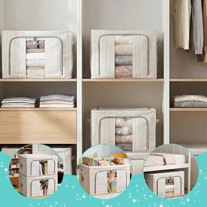 3 Pack Clothes Storage Bins, Foldable Metal Frame Storage Box with Lids,Stackable Linen Fabric Organizer Set with Carrying Handles,Zippers,and Clear Window (Grey Stripe, 66L)