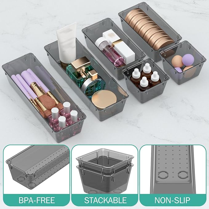 9 Pack Clear Drawer Organizer Set, Acrylic Drawer Storage Trays, Black