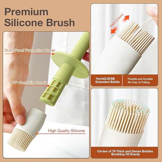 YARRAMATE 2pcs 300ml / 10oz Oil Dispenser with Brush - Glass Oil Dispenser for Kitchen with Silicone Heat Resistant Brush for Oil and Sauce Cooking BBQ Grill Frying - White&Green