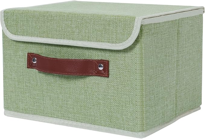 ANMINY Storage Bin with Lid Storage Boxes with PU Leather Handles PP Plastic Board Decorative Foldable Lidded Cotton Linen Fabric Home Cubes Baskets