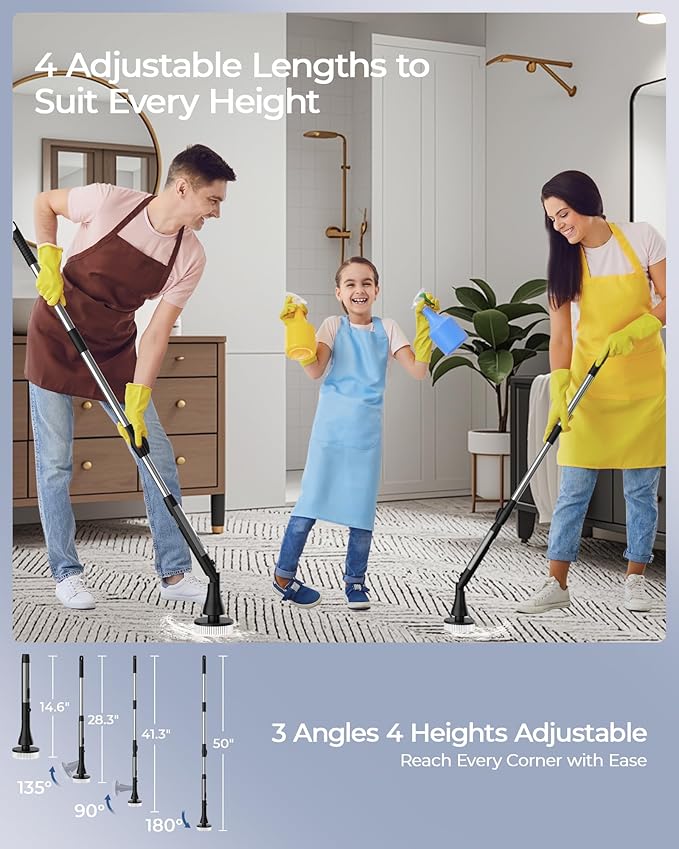 MayKing Electric Spin Scrubber with 9 Brush Heads, 3-Angle & 4-Length Adjustable Cordless Power Scrubber, 3-Speed & Battery LED Display, Electric Scrubber for Cleaning Bathroom Bathtub Floor Tiles
