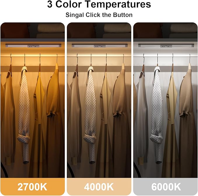 WOBANE Closet Lights Motion Sensored with Eye-Protection,Rechargeable LED Wardrobe Lighting with 3 Color,12 inch Dimmable Wireless Battery Operated Light Indoor for Stair,Pantry,Hallway,900mAh,3PCS