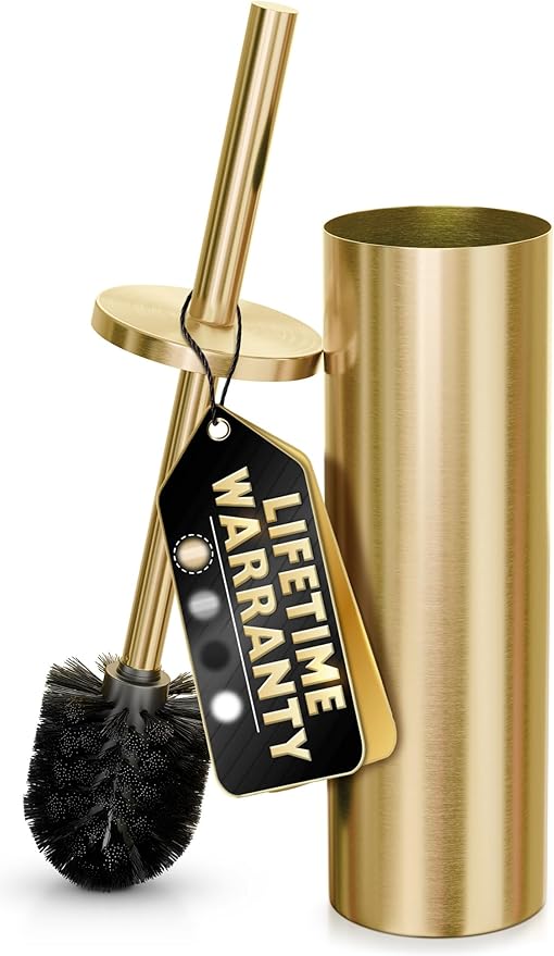 Gold Toilet Brush and Holder Set - Brushed Stainless Steel Gold Toilet Bowl Brush and Holder with Replaceable Head, Removable Inner Bowl, and Splash Protection - Dense Bristles for Thorough Cleaning