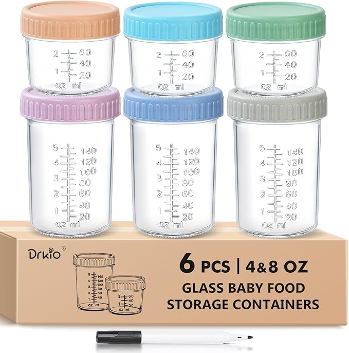 DRKIO 6 Baby Food Jars - 4 & 8 oz, Leak Proof Storage