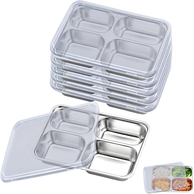 6Pcs Stainless Steel Snack Containers with Lids 4 Compartment Bento Box Stainless Steel Lunch Box for Adults Reusable Meal Prep Lunch Containers for Home Work Travel Party