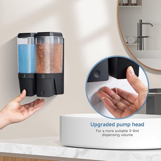 Shampoo and Conditioner Dispenser Wall Mounted, Shower Soap Dispenser No Drill Upadate Easy Slot Install, Shampoo Dispenser for Shower Bathroom Large Capacity 500ml * 2 Chamber Holder Black