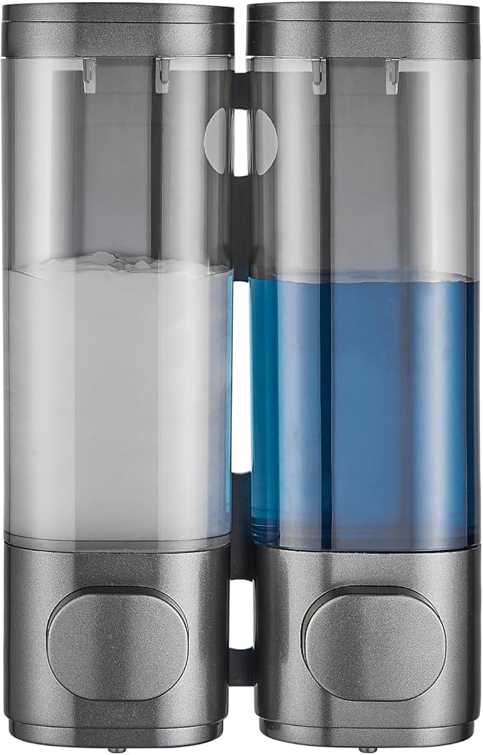 Shampoo and Conditioner Dispenser 2 Chamber No Drill, Shower Soap Pump Dispenser Wall Mounted, Body Wash Dispenser for Shower, Shower Gel Dispenser Shampoo Holder for Bathroom Accessories, Gungrey