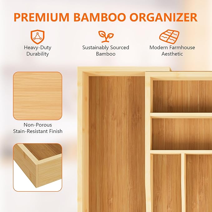 Bamboo Expandable Drawer Organizer Tray with Dividers, Adjustable Kitchen Flatware Organizers for Utensils & Silverware, 6-8 Slots Curved Groove Storage (Natural)