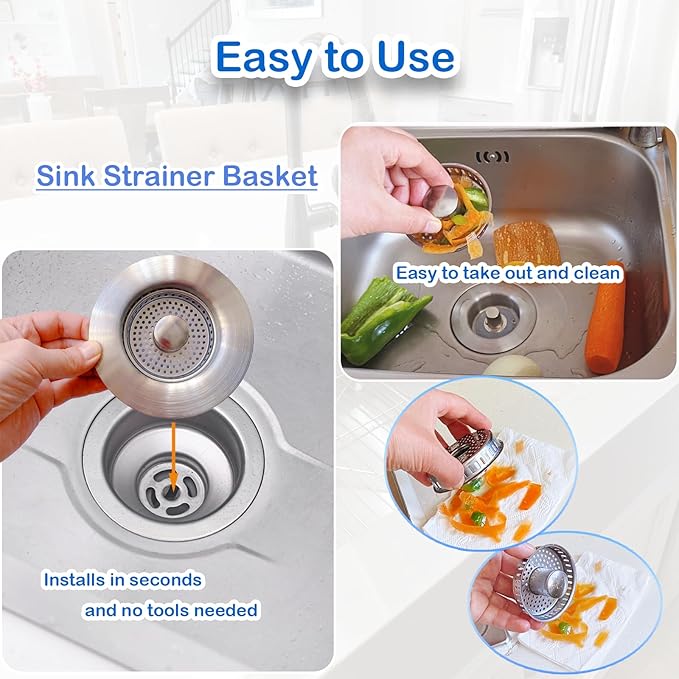 3 in 1 Kitchen Sink Drain Strainer Catcher, 304 Stainless Steel Pop Up Sink Stopper with Strainer Basket, Anti-Clog Kitchen Strainer Filter for US Standard 3-1/2 Inch Drain