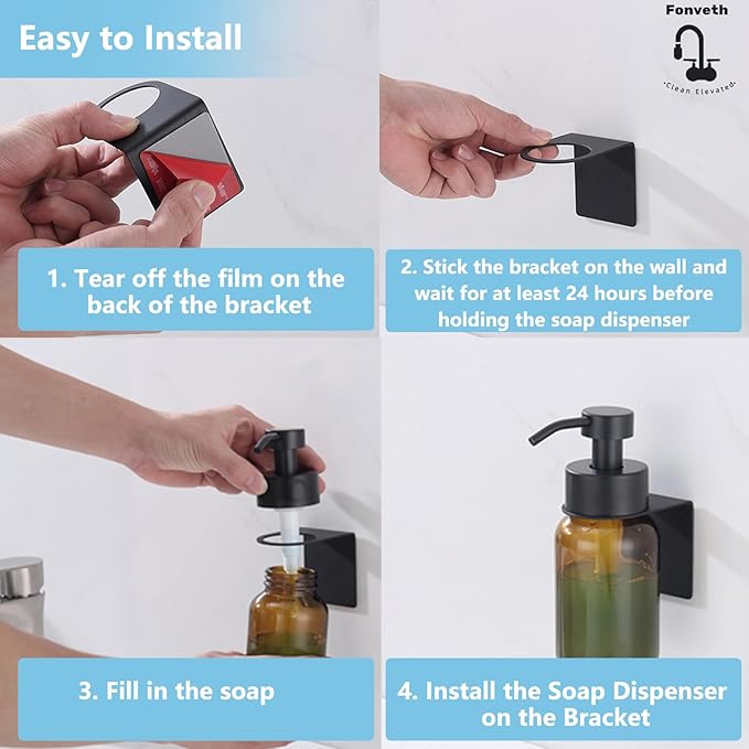 Glass Soap Dispenser, Soap Dispenser Drill Free Wall Mount, Thick Glass Amber Bottle Wall Mount, Round Bottles Dispenser with Rustproof Pump Black Pump Head
