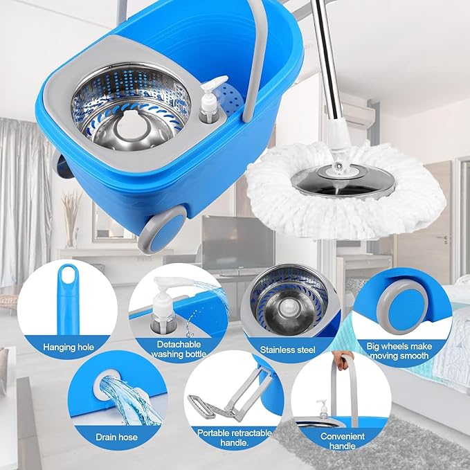Mop Bucket with Wringer Set On Wheels,360 Spin Mop and Bucket Set,with 61" Stainless Steel Telescopic Handle and 3 Replacement Head(25QT,Blue)