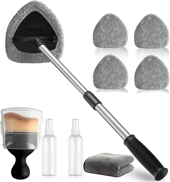 Car Windshield Cleaning Tools, Expandable Car Window Cleaner kit with 4 Reusable Microfiber Pads, Windshield Cleaning Wand Tool