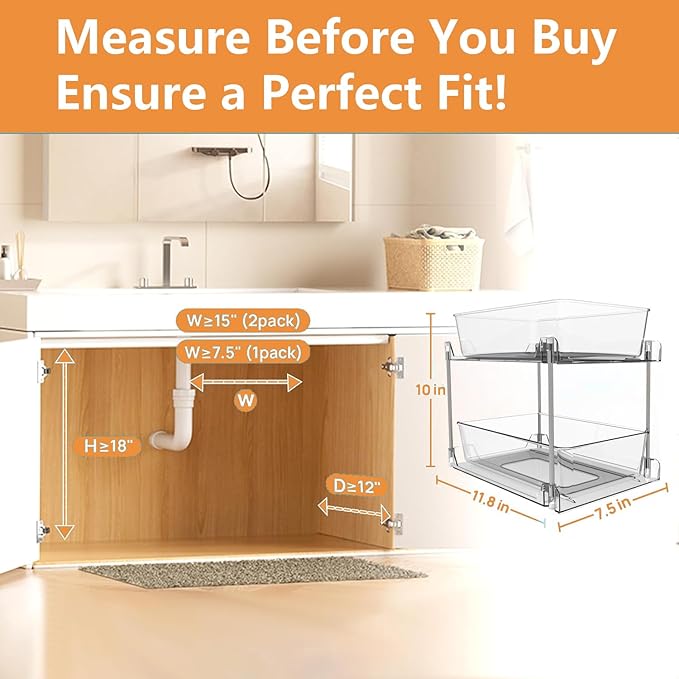 2 Pack Bathroom Organizer,2 Tier Clear Under Sink Organizers Vanity Countertop Storage Container,Cabinet Drawers Bins, Pull-Out Organization with Track for Pantry, Kitchen