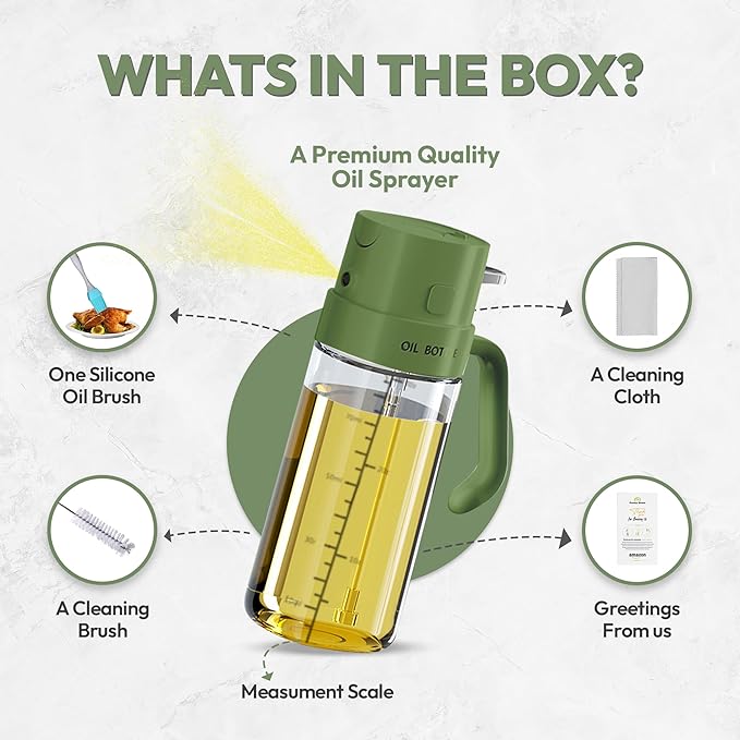 2-in-1 Green 18oz / 550ml - Olive Oil Sprayer for Cooking,Salad and BBQ, Leakproof Oil Dispenser for Frying, Glass OliveOil Multifunctional Sprayer / Dispenser Bottle for cooking, Oil Mister Bottle