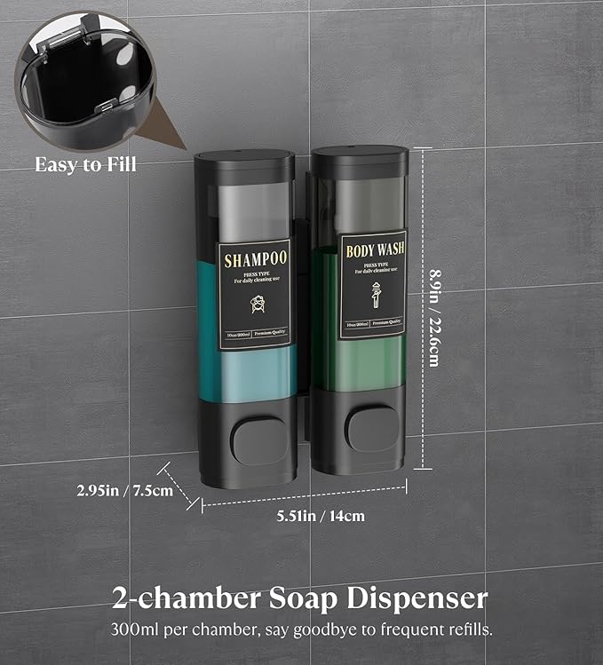 Luxspire Shampoo and Conditioner Dispenser, No Drill Wall Mounted Shower Soap Dispenser 2 Chamber with Waterproof Labels, Easy Refill Soap Dispenser for Bathroom Hotel Kitchen, Black