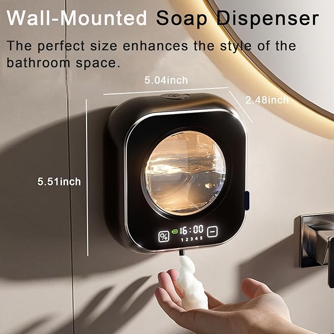Automatic Soap Dispenser Touchless, 5 Visual Levels Foam Soap Dispenser,11.3 oz Liquid Storage Tank,80 Days of Battery Life,Digital Display,Soap Dispenser for Kitchen Sink (Black)