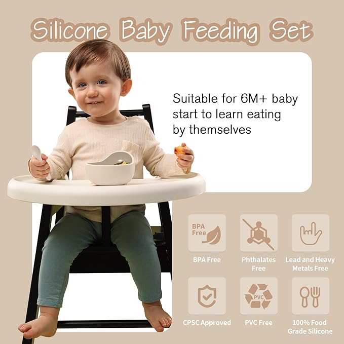 Baby Led Weaning Supplies, 8 Piece BPA-Free Silicone Feeding Set, Silicone Suction Bowl, Forks & Spoons, Bib & Cup, Develops Self Feeding Skills