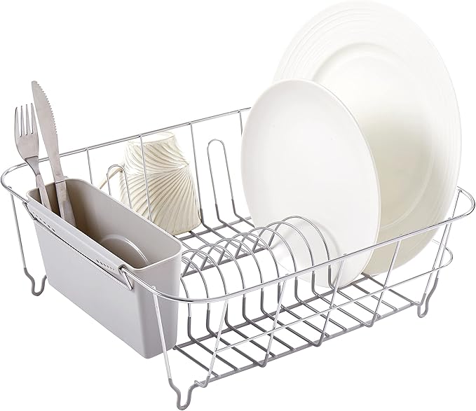 Dish Drying Rack & Cutlery Holder 2 Piece Set - Compact Sink-Fitting Dish Drainer with Rubberized Undercoating, Space-Saving Kitchen Organizer for Plates, Cups, Bowls & Utensils in Sink, Silver