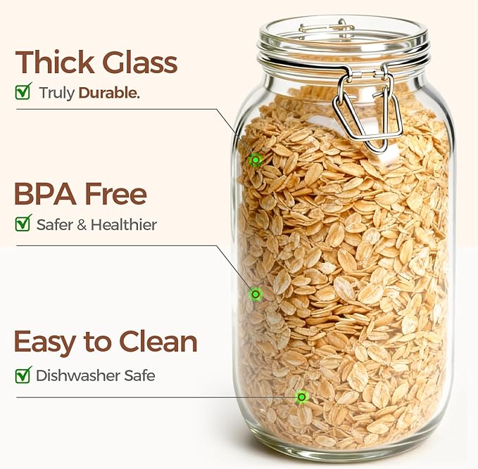 ComSaf 71oz Glass Canisters with Airtight Clamp Lids (Set of 3), 2.1L Large Fermentation & Pantry Jars for Bulk Food Storage, Ideal for Flour, Sugar
