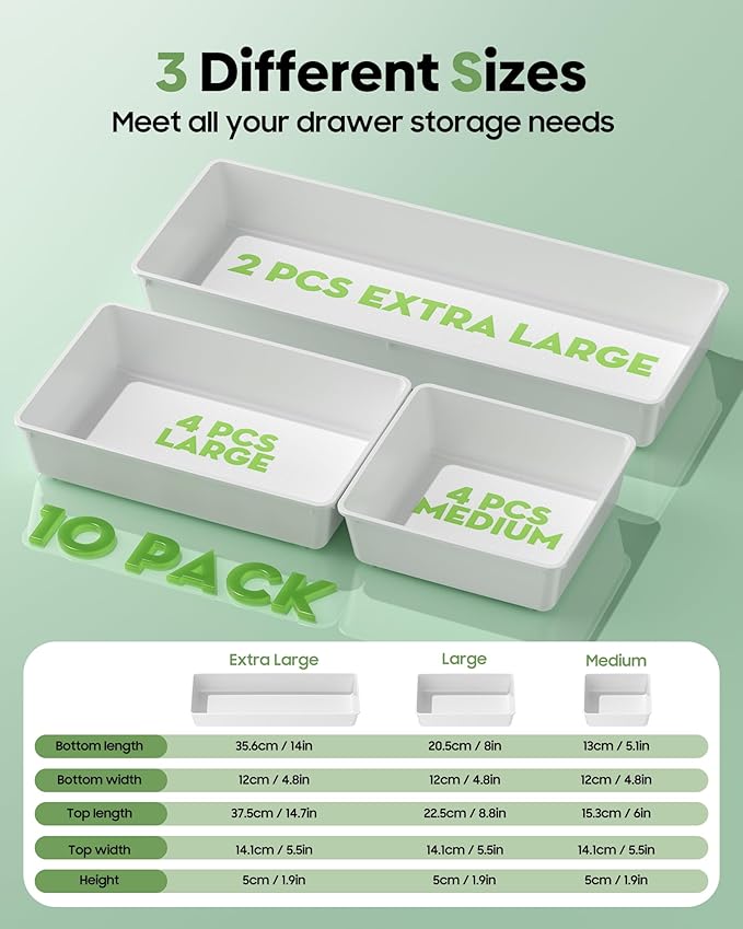 10 Pack Large Size Plastic Drawer Organizers Set, White