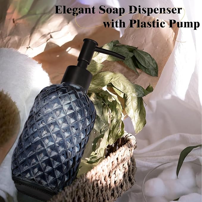 13.5Oz Gem Design Soap Dispenser with Plastic Pump, Refillable Glass Soap Dispenser for Hand Soap, Dish Soap, Lotion (Blue Grey)