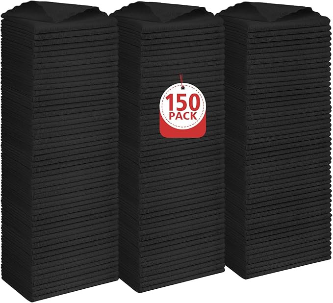 Orighty Black Microfiber Cleaning Cloth, 150 Pack Highly Absorbent Cleaning Supplies, Lint Free Kitchen Towels Cleaning Rags, Microfiber Towels for Cars, House, Window, 12x12 inch