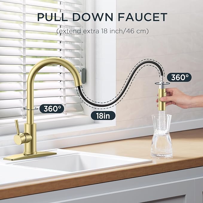 FORIOUS Gold Kitchen Faucet with Pull Down Sprayer, High Arc Modern Classic Sink Faucet Stainless Steel with Deck Fit for 1 or 3 Hole for Pot Filler Bar Farmhouse Laundry Rv, Brushed Champagne Golden