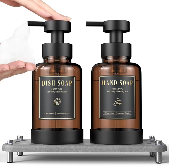 Luxspire Foaming Soap Dispenser, Non-Slip Hand Soap Dispenser with Fast Drying Tray, 15oz Glass Refillable Liquid Bottle for Bathroom & Kitchen, 2 Pack, Brown + Dark Gray