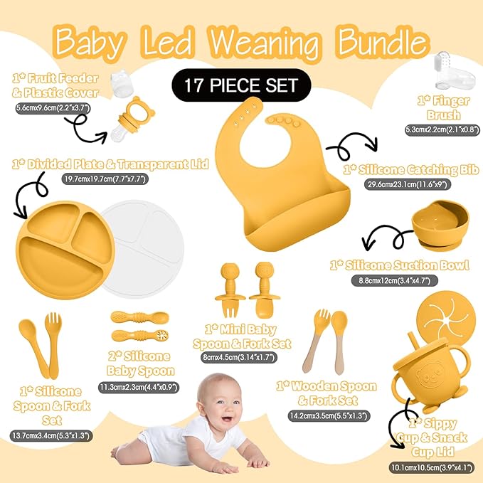 Baby Led Weaning Supplies, 17 Piece BPA-Free Silicone Feeding Set, Eating Essentials Baby Utensils with Suction Plate and Bowl, Pocket Bib
