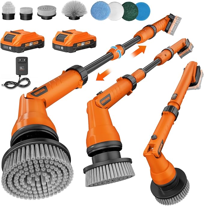 20V Electric Scrubber for Cleaning Floors, Walls - 2 Replaceable Battery Design for Outdoor Garden and Patio Cleaning Stubborn Stains, Telescopic Handle,8 Replaceable Brush Heads