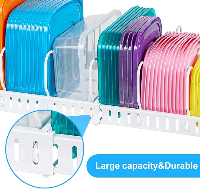 X-cosrack Expandable Food Container Lid Organizer,Large Capacity Adjustable 10 Dividers Detachable Lid Organizer Rack for Cabinets, Cupboards, Pantry Shelves, Drawers to Keep Kitchen Tidy,White