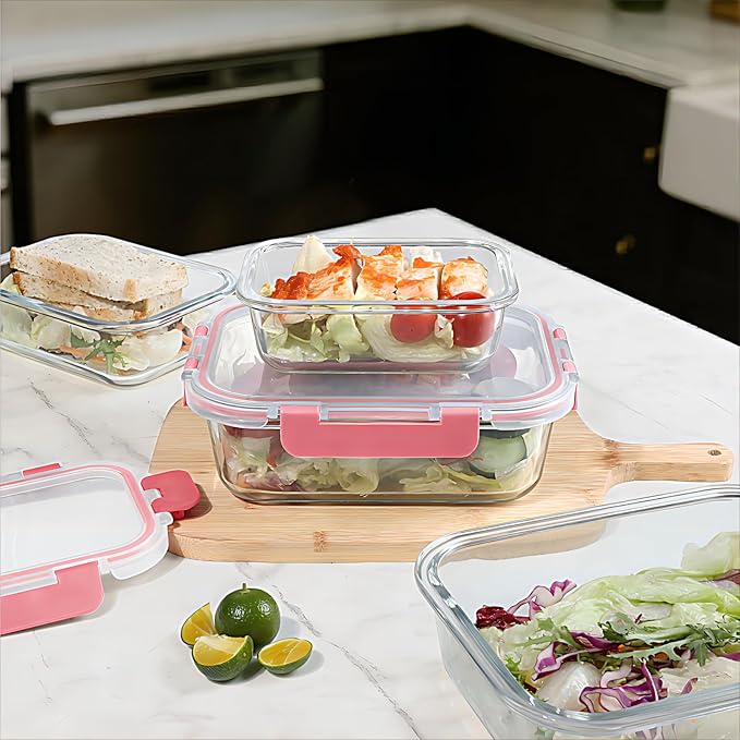 BAYZZ 10 Pack Glass Meal Prep Containers, Glass Food Storage Containers with Lids, Airtight Lunch Box, Freezer,Oven,Microwave and Dishwasher Safe,Pink