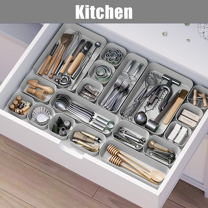 18 pcs Desk Drawer Organizer Tray, Multiple Sizes Plastic Drawer Organizer Storage, Stackable Organizer Containers For Makeup, Bedroom, Kitchen Gadgets Utensils and Office