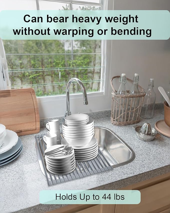 Roll Up Dish Drying Rack Over Sink, 20.47" x 12.99" Foldable Silicone Wrapped Stainless Steel Over The Sink Dish Drying Rack, Grey