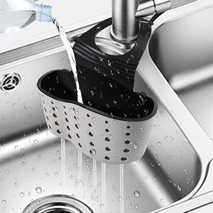 Kitchen Sink Caddy Sponge Holder for Kitchen Sink Accessories Organizer Dish Sponge Holder Ajustable Strap Faucet with Drain Holes for Drying (2 pcs Beige)