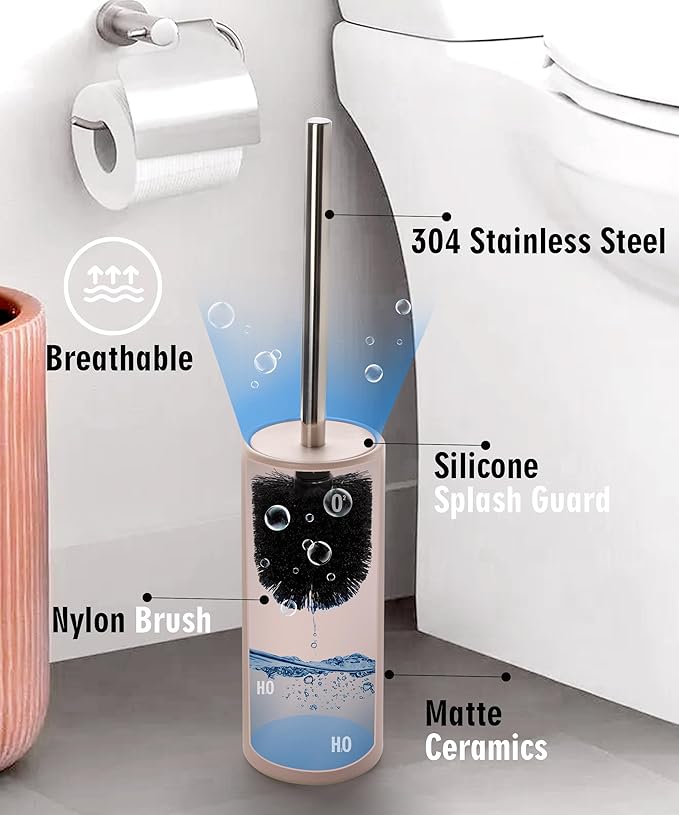 Matt Pink Ceramic Toilet Brush and Holder Set, Freestanding Toilet Bowl Cleaners Brush, Scrubber Brush for Toilet, Bathroom Accessories with Stainless Handle, Deep Cleaning