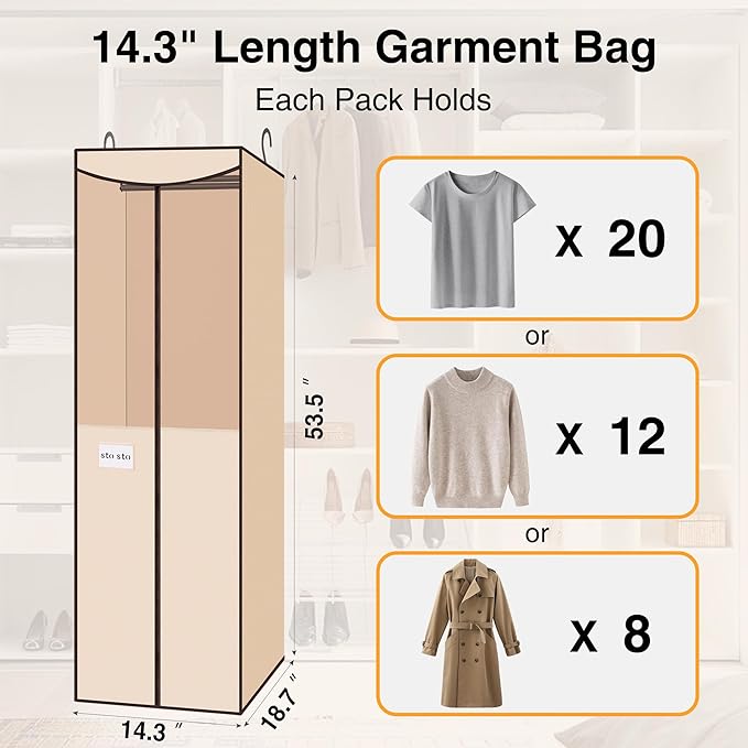 STO STO 2 Pack Garment Bag for Hanging Clothes Closet, Hanging Garment Cover with Built-in Steel Hanging Rod, Hanging Wardrobe Storage Bag for Suit, Dress with Clear Window, Zipper, ID Card, Beige