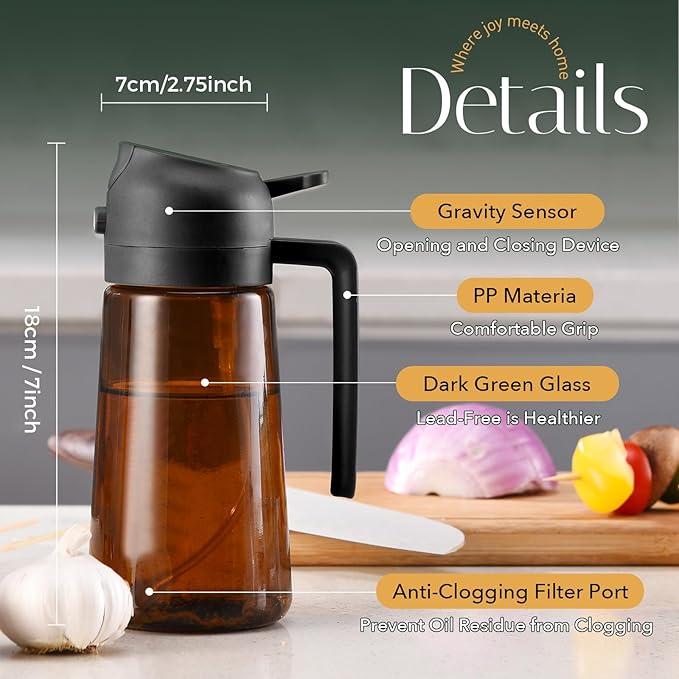 YARRAMATE 16oz/470ml Light Blocking Oil Sprayer for Cooking with Stickers, Food-Grade 2 in 1 Olive Oil Dispenser Bottle for Kitchen, Premium Dark Amber Glass Oil Bottle for Air Fryer, BBQ (Black)