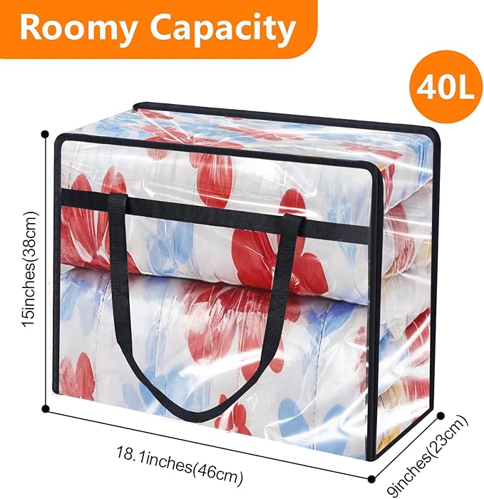4 Pack Clear Clothes Storage Bags, Vinyl Blanket Storage Containers with Heavy Duty Zipper, Foldable Moving Bags, Closet Organizers for Bedding, Clothing, Comforters, Linens, Duvet (40L)